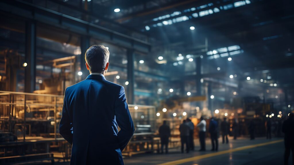 Ein Manager im Anzug betrachtet die Produktionshalle einer Fabrik, in der Mitarbeiter arbeiten und Maschinen laufen, symbolisierend industrielle Effizienz und Qualitätskontrolle.