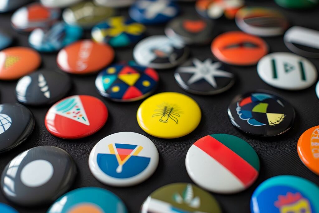 Verschiedenfarbige Buttons mit kreativen Motiven – ideal als Werbemittel, hergestellt mit einer Buttonmaschine