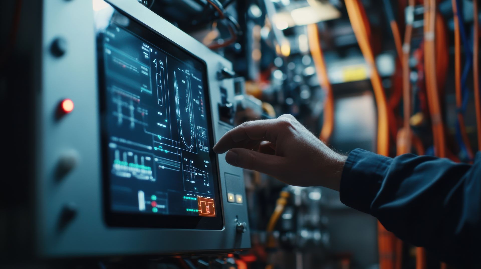 Hand eines Technikers bedient ein industrielles Messgerät mit komplexer Benutzeroberfläche und digitalen Anzeigen