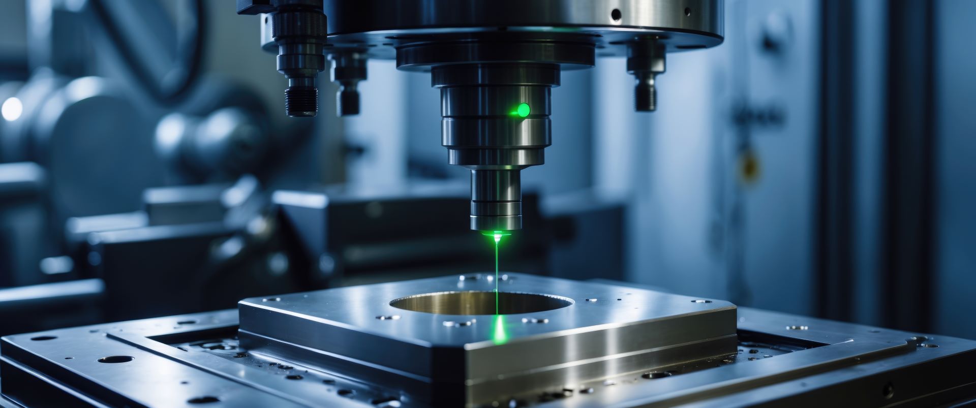 Nahaufnahme eines Lasersensors bei der berührungslosen Vermessung eines Metallteils in einer CNC-Maschine