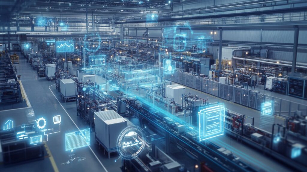 Fertigungshalle mit Produktionslinien und eingeblendeten digitalen Messdaten und Systemanzeigen