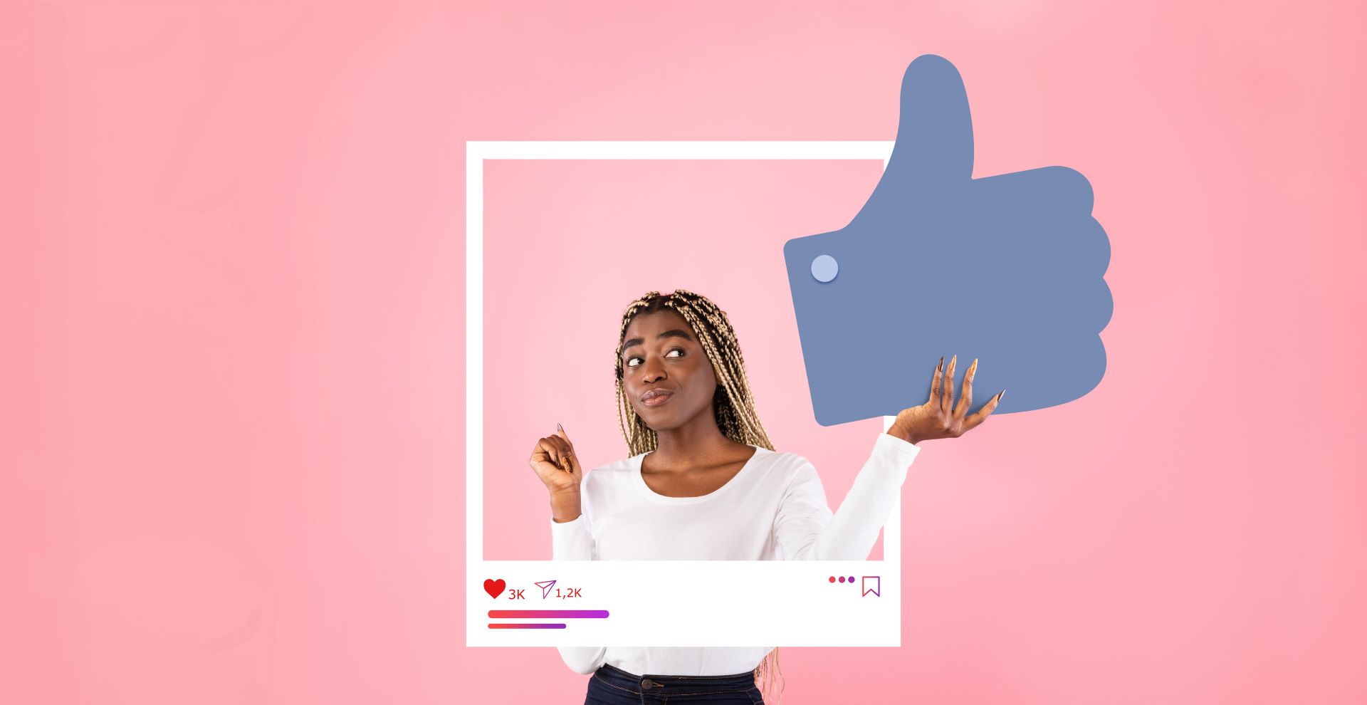 Frau in Social-Media-Frame mit Like-Symbol