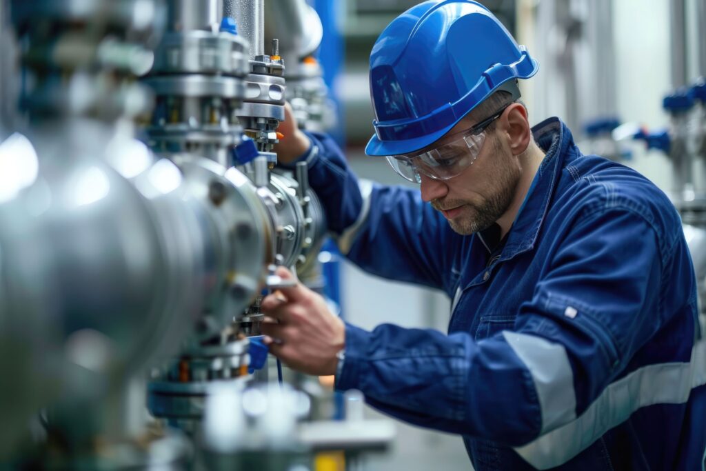 fachkraft fuehrt dkd kalibrierung an industriellem pruefstand durch